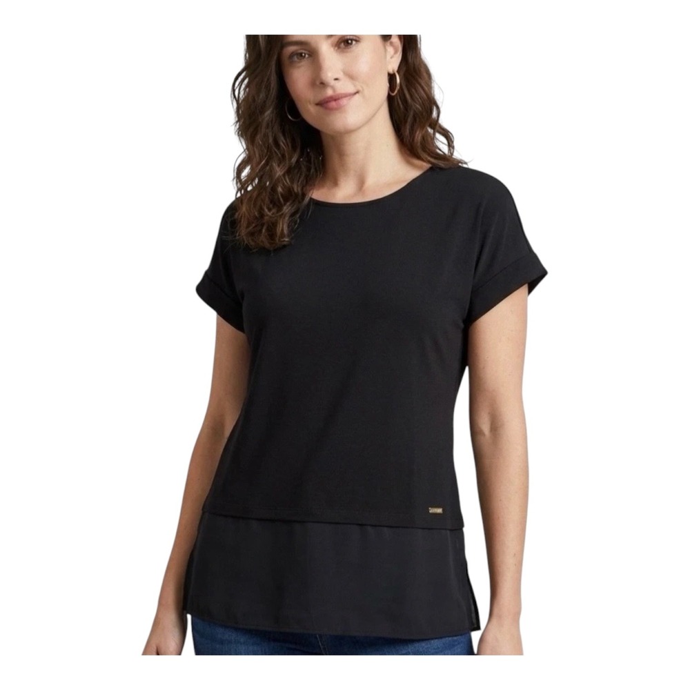 Calvin Klein Womens Black Mixed Media Layered Hem Top M8CH7858 L Made in Jordan